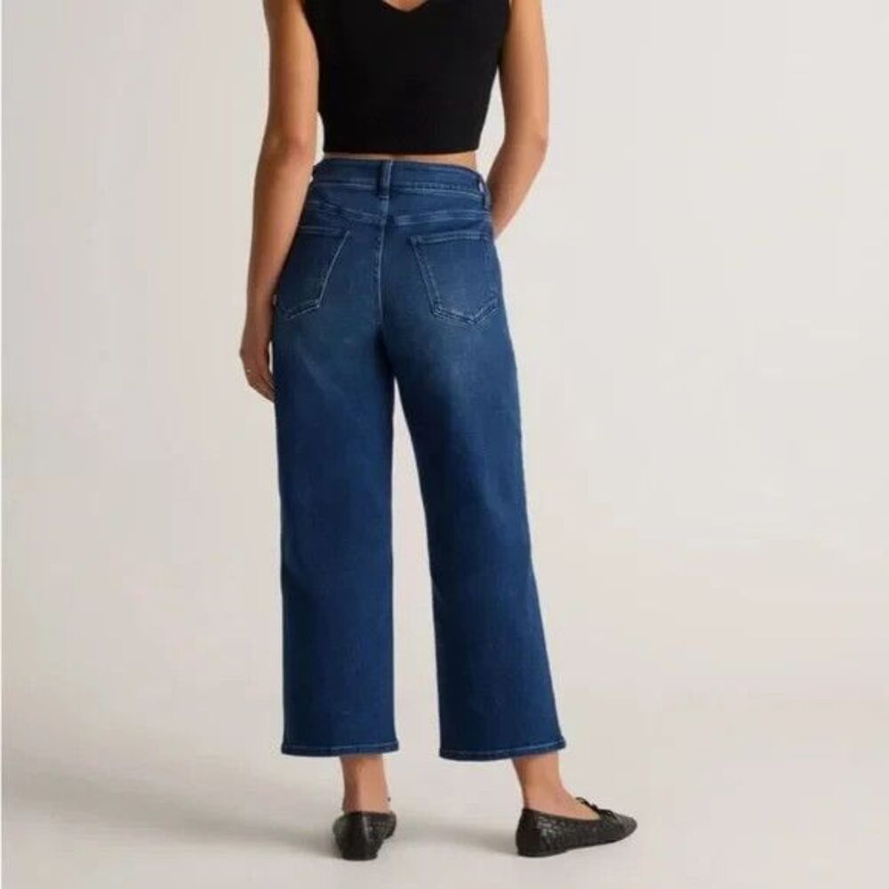 Quince Stretch High Rise Patch Pocket Wide Leg Jeans Dark Blue Wash - Picture 3 of 13